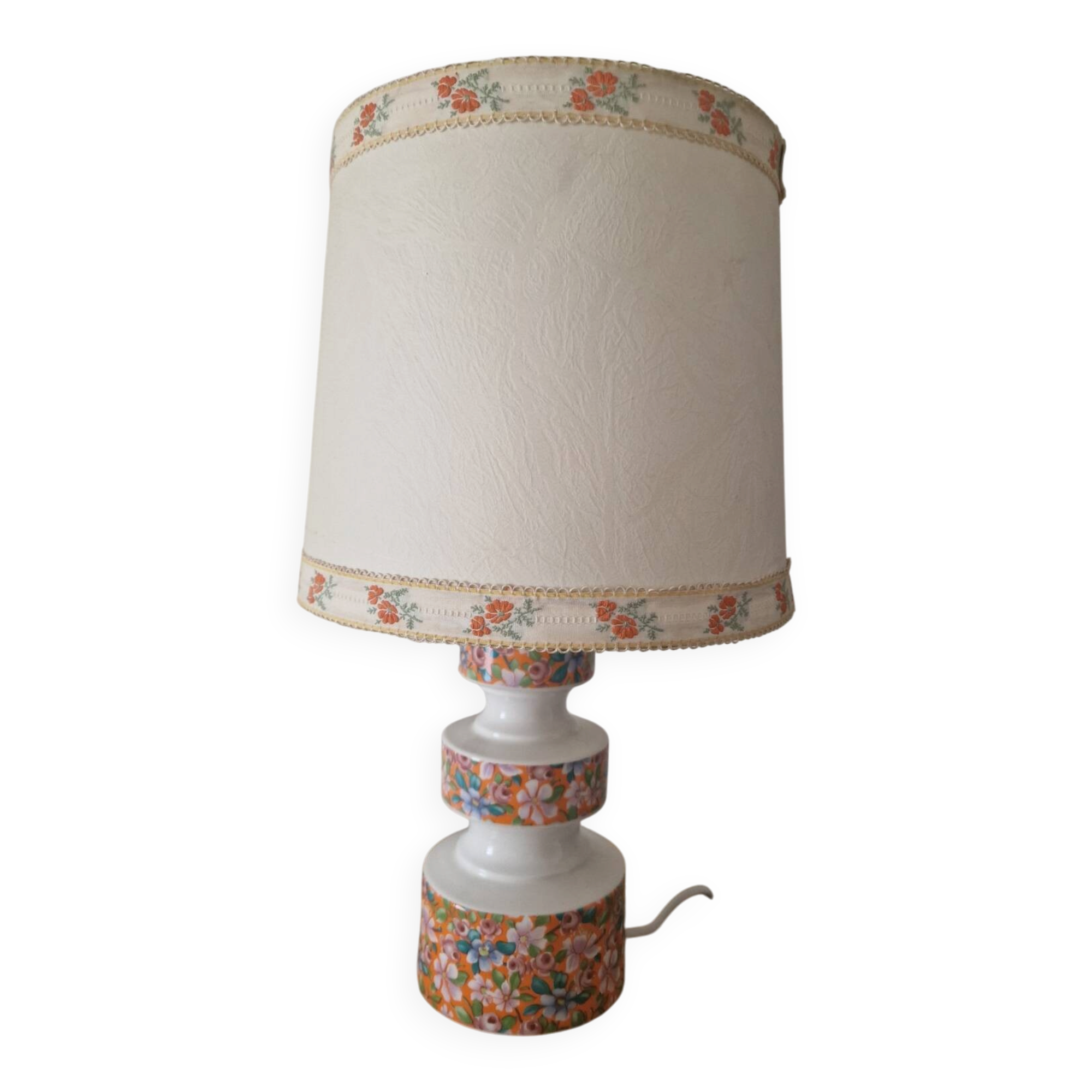 Lampe vintage en céramique orange fleurie