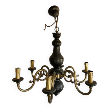 Wood and brass pendant light, black and gold, vintage, 60s.