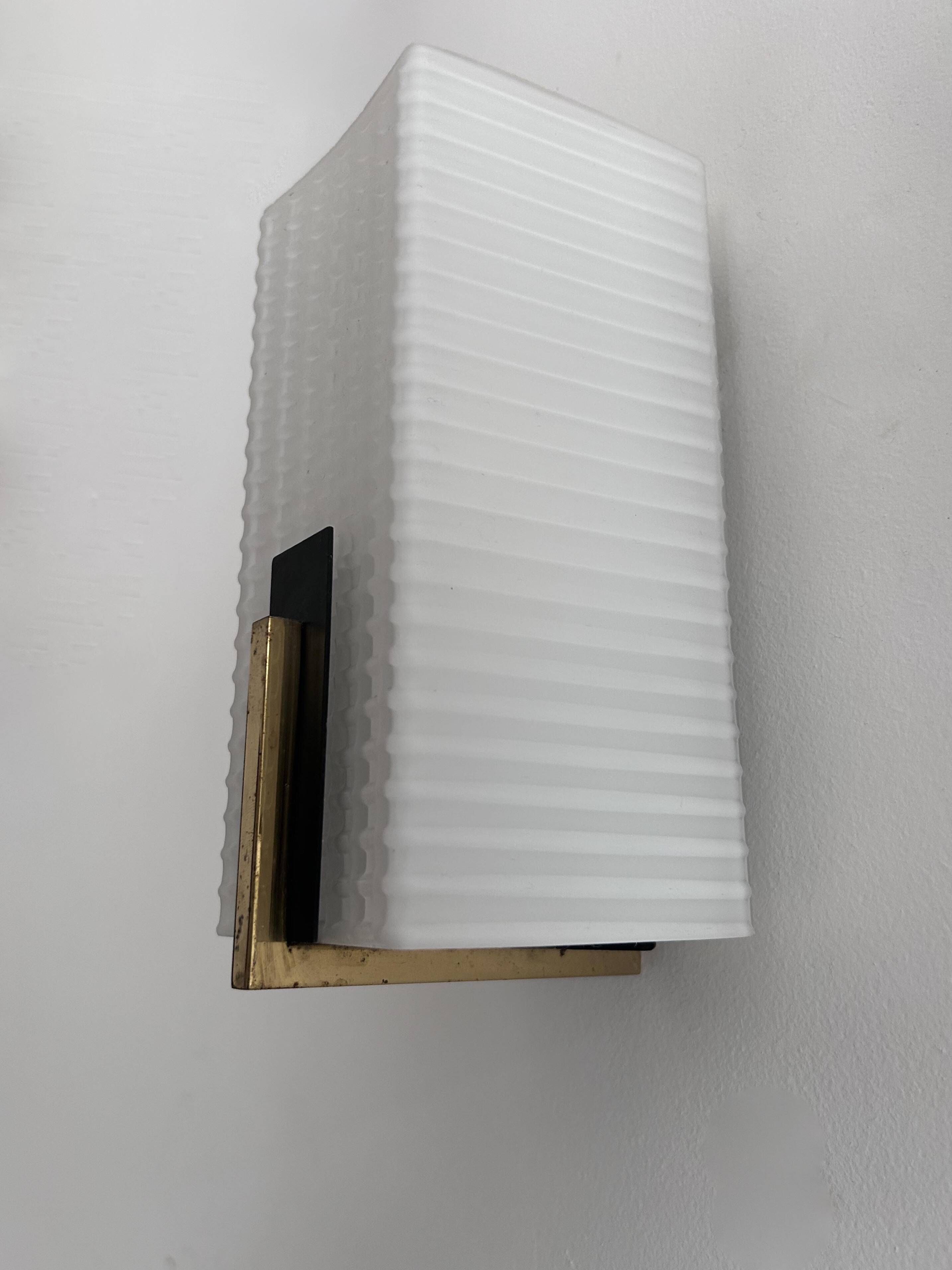 Pair of vintage wall lights, brass and opaline, France 1960