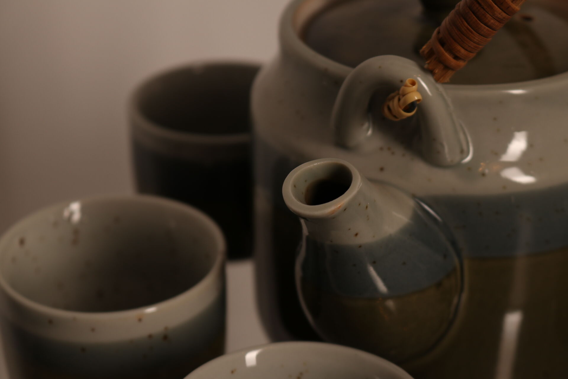 Hand-made ceramic tea set glazed in bleu-green tones, Belgium 1960