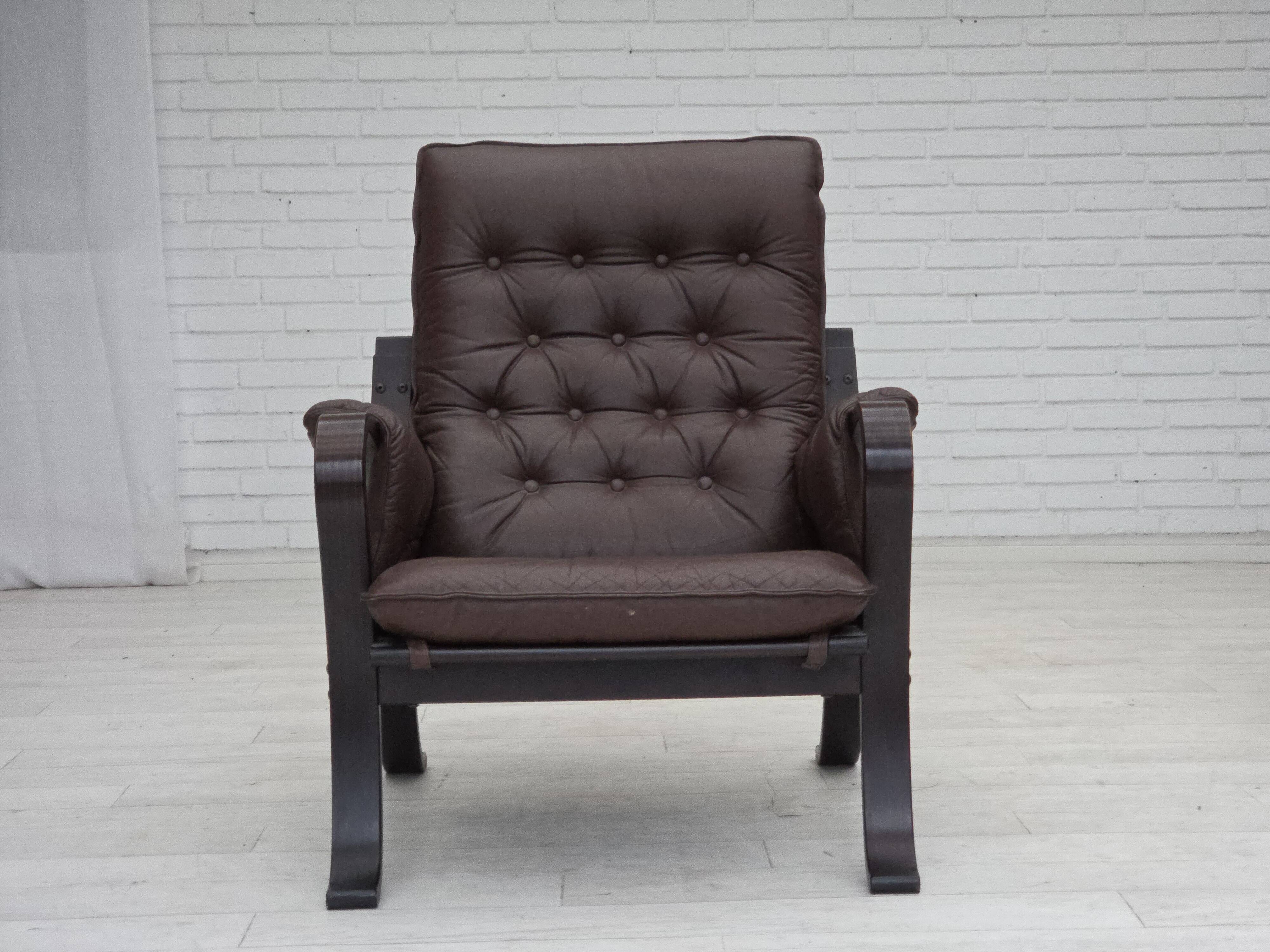 1970s, Scandinavian vintage design, armchair, brown leather, bent wood.