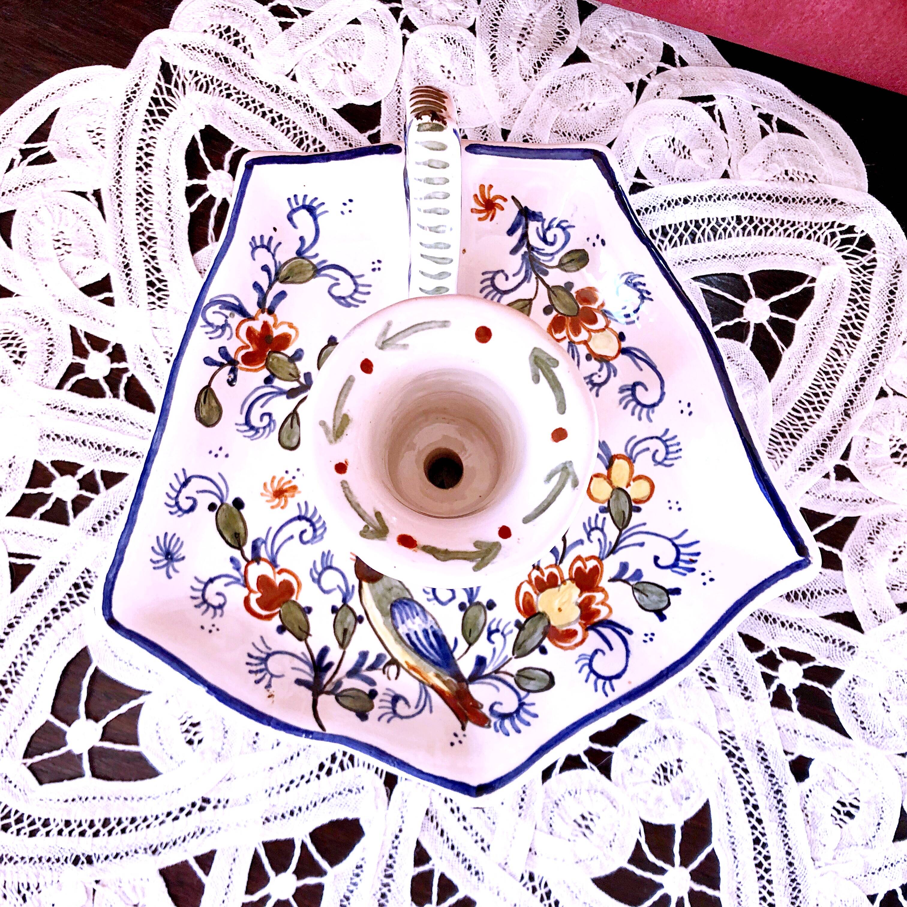 Handcrafted enameled ceramic candle holder signed vintage Rouen style decor