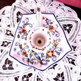 Handcrafted enameled ceramic candle holder signed vintage Rouen style decor