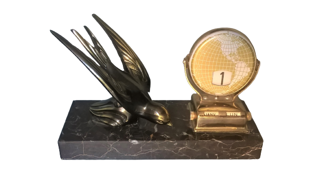 Perpetual calendar swallow in patinated regulation on black marble base ~ 50s