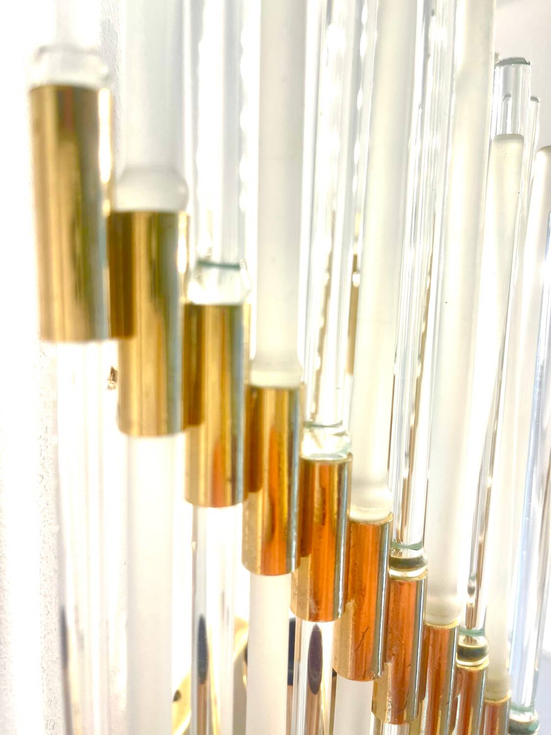 Pair of Murano glass wall lamps with gilded structure, Sciolari, Italy 1970