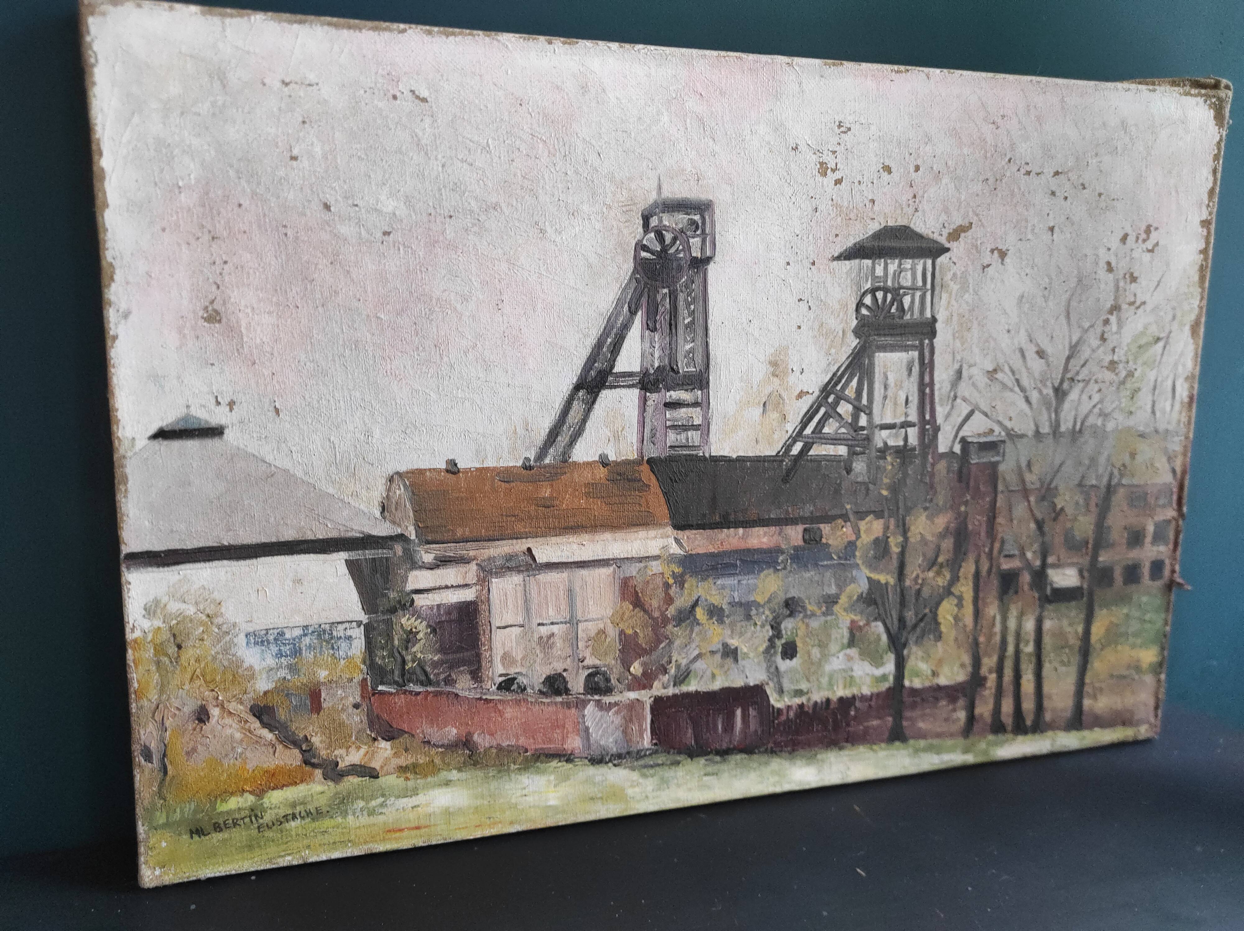 French vintage oil painting on canvas of a mine, signed M. L. Bertin Eustache