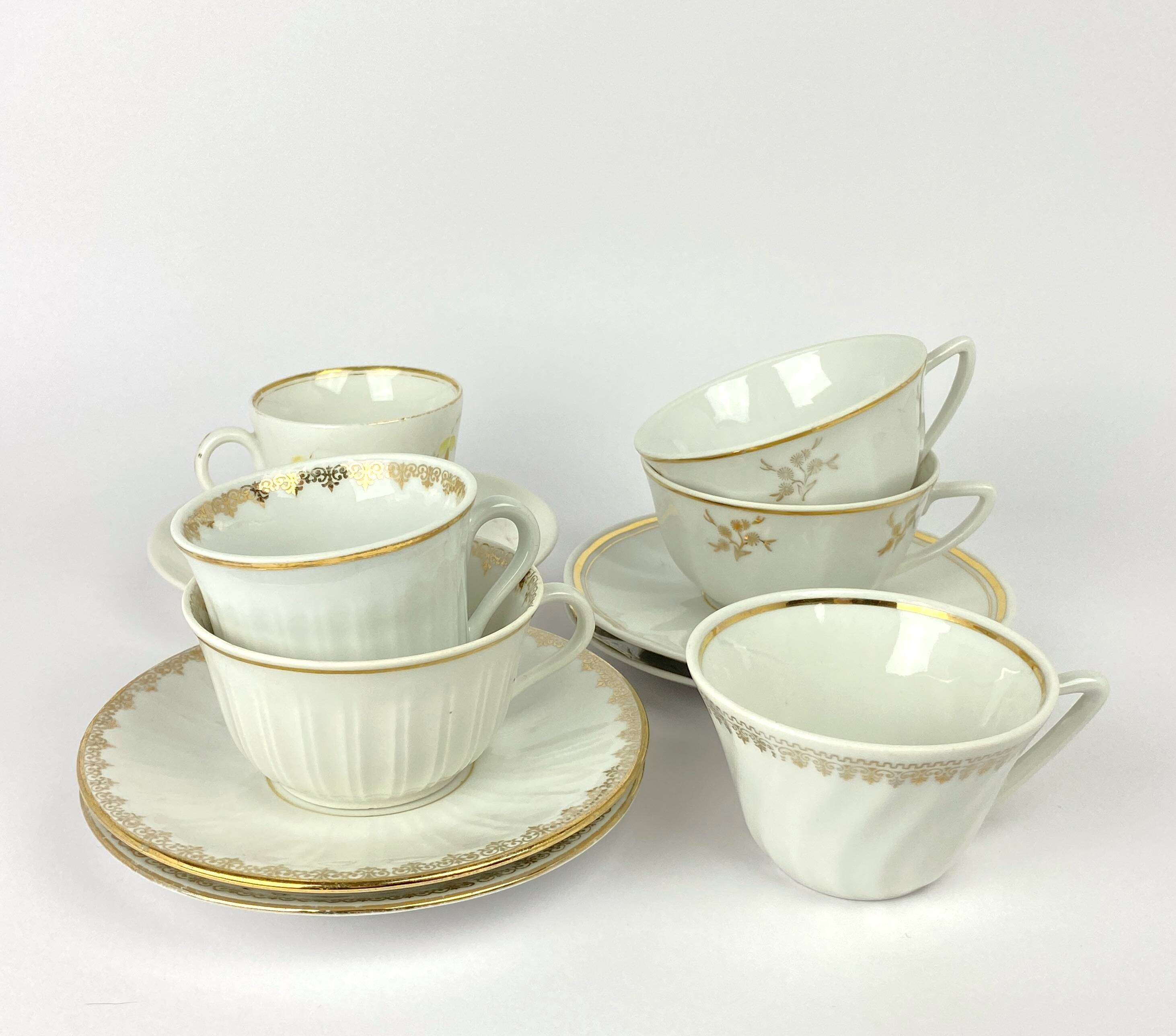 Vintage Mismatched Set of 6 Porcelain Cups and 5 Saucers - Gold