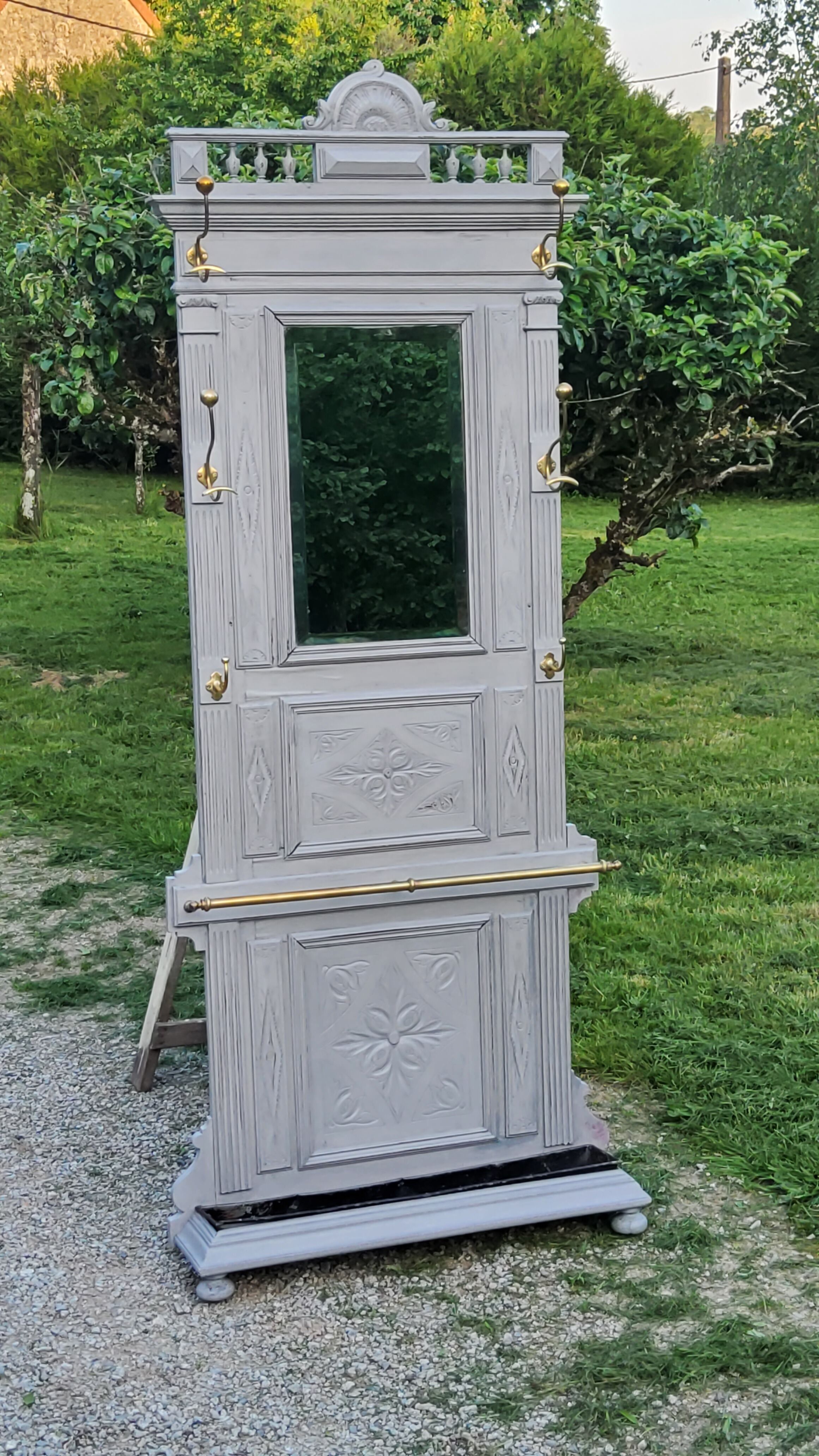 1900s coat rack patina gray mirror brass hooks