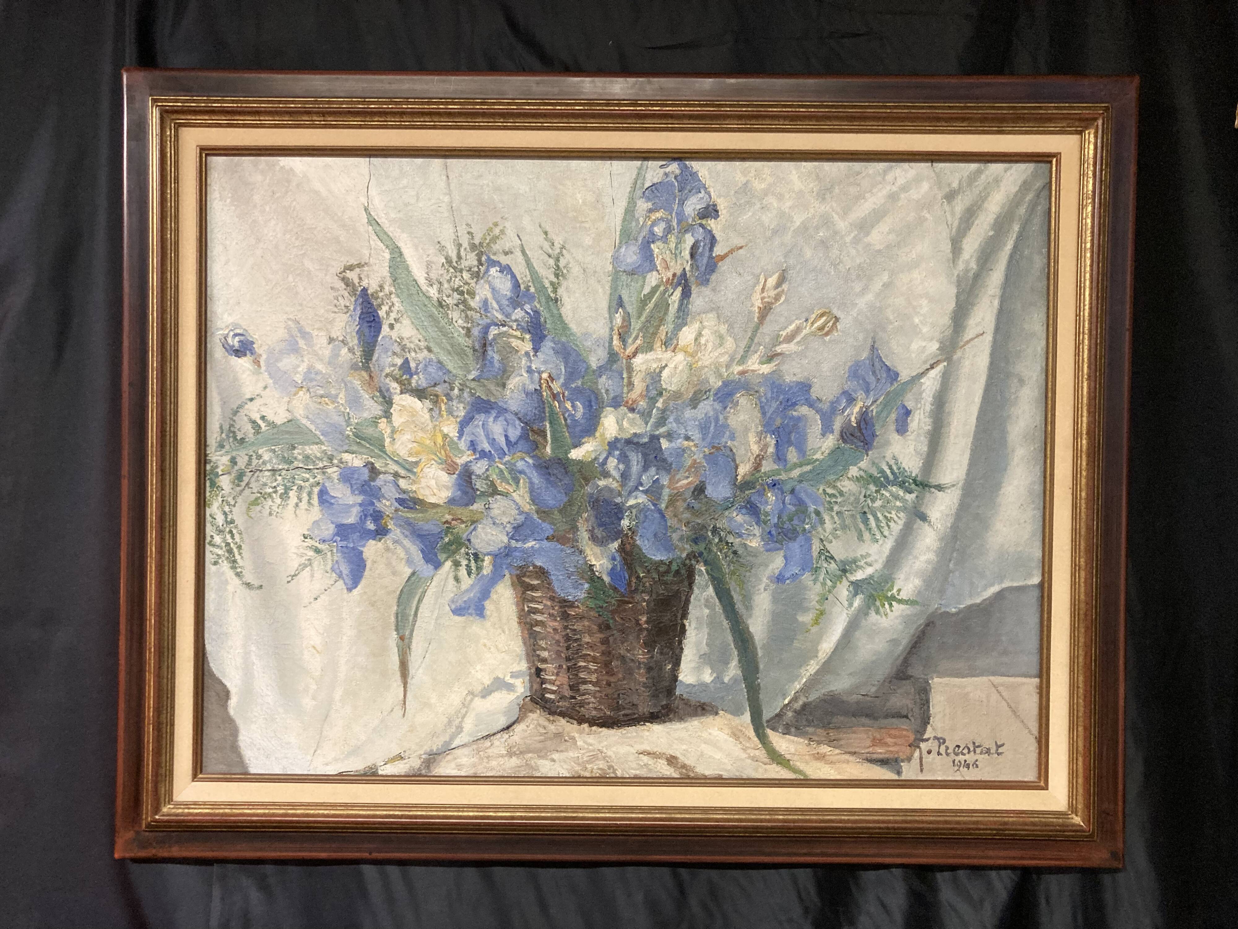Georges prestat (1911-1994), bouquet of irises, oil on canvas from 1946