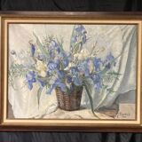 Georges prestat (1911-1994), bouquet of irises, oil on canvas from 1946