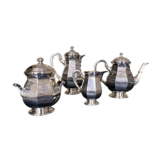 Art Deco Silver Metal Monograms Coffee Tea Service - Teapot Sugar Creamer