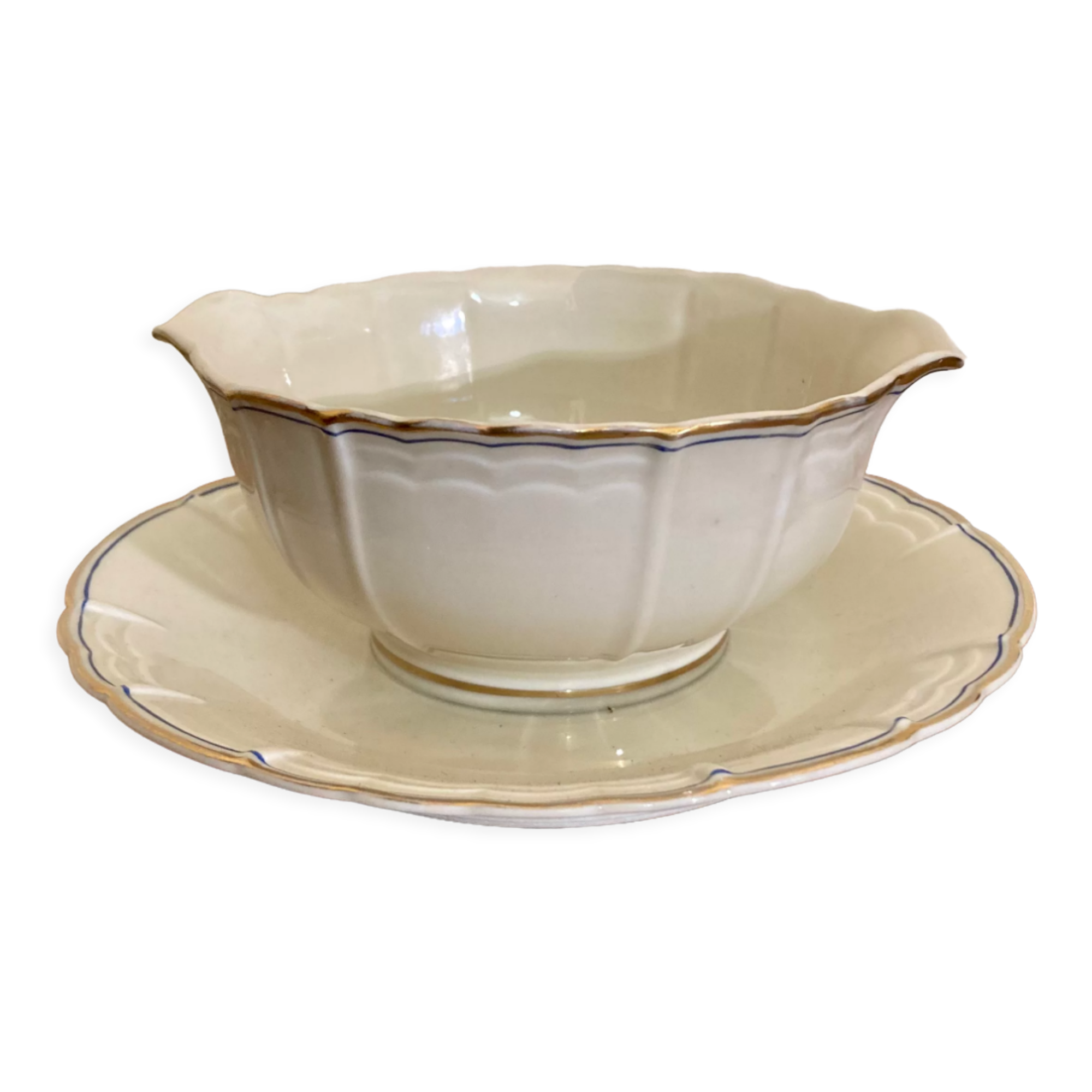 Limoges sauce boat A. Lanternier 1911 gold and blue edging