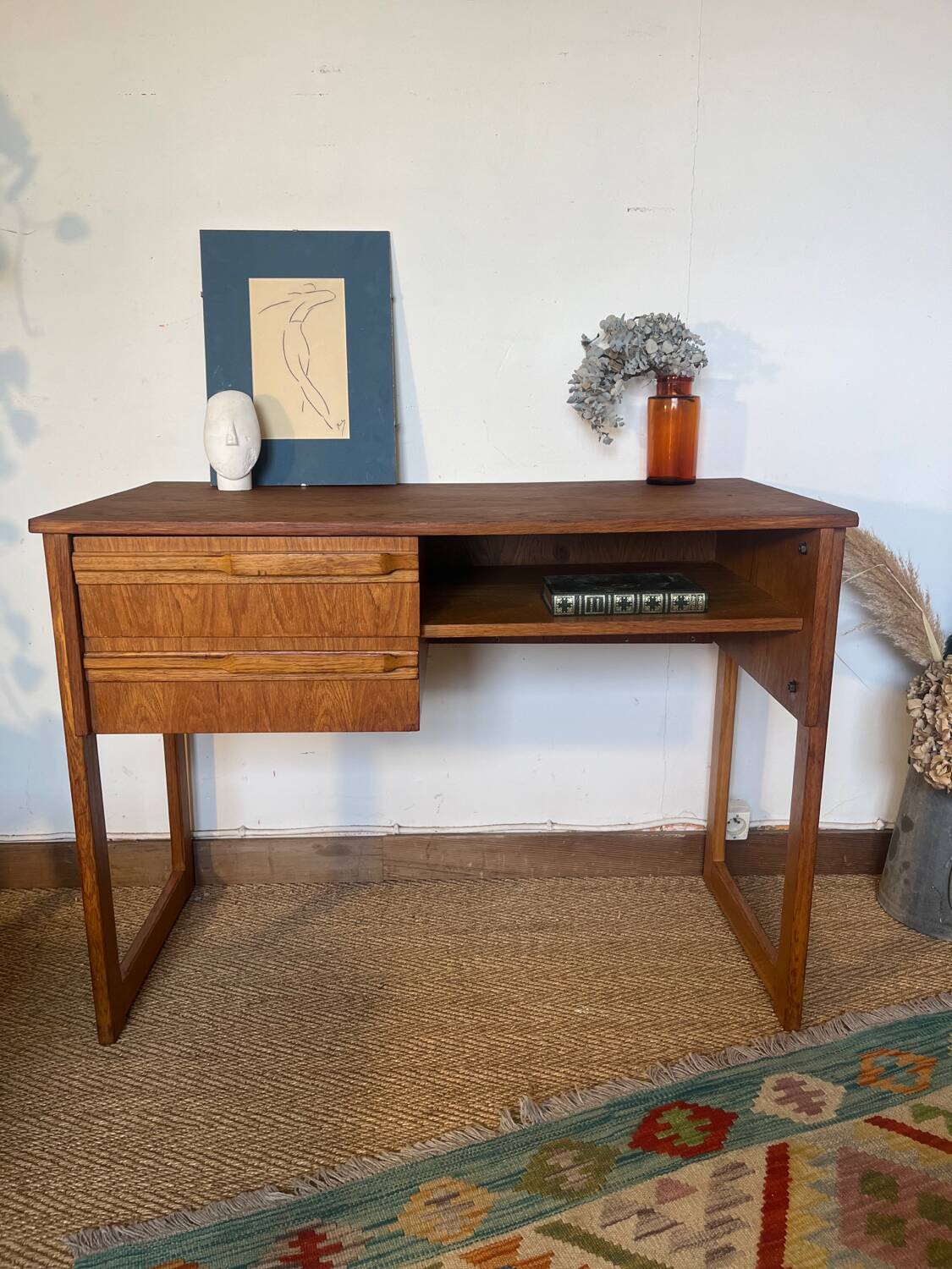 Vintage desk sled legs oak veneer