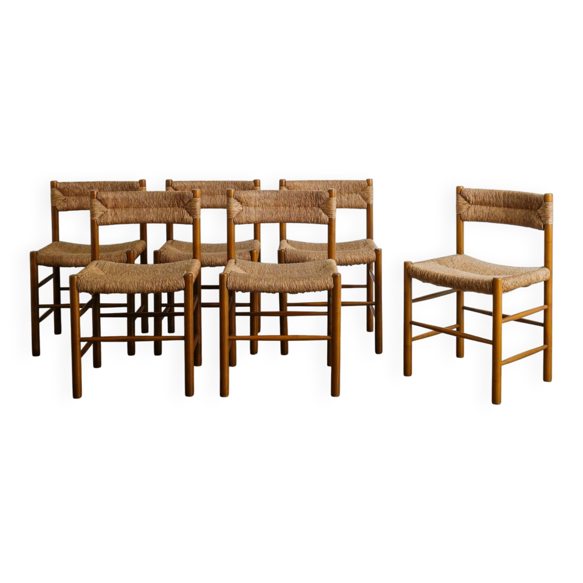 Set of Six Wooden Dining Dordogne Chairs by Charlotte Perriand, 1960s