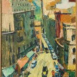 Vibrant Modernist Expressionist - Street Scene With Mid-century Cars