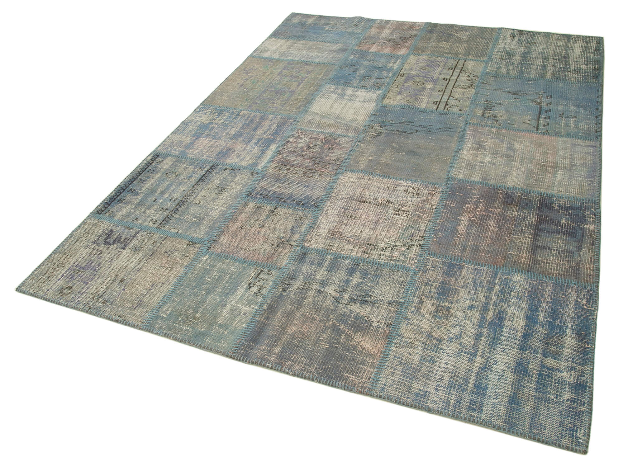 Handwoven turkish contemporary 175 cm x 242 cm blue patchwork carpet