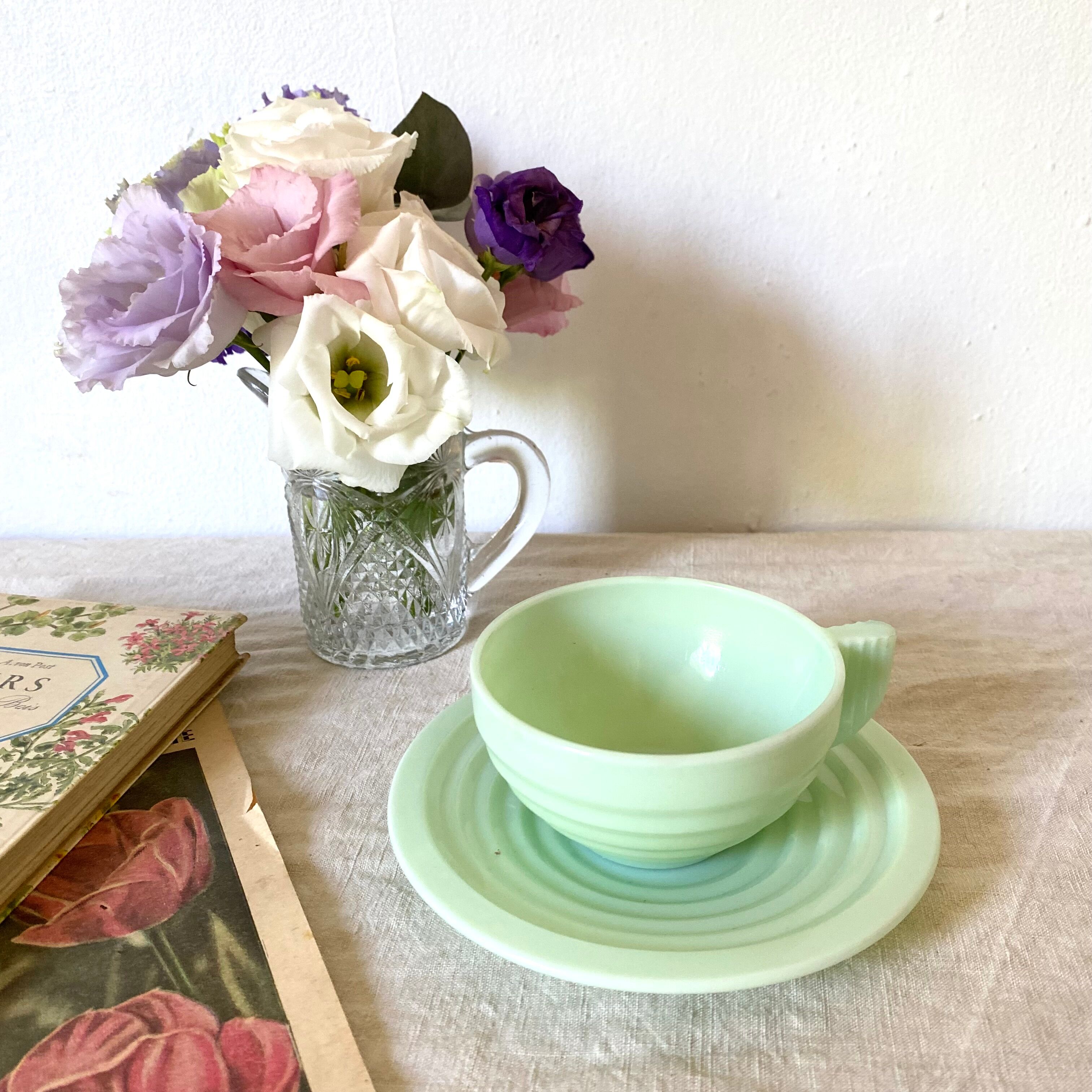 Art Deco cups in green opaline
