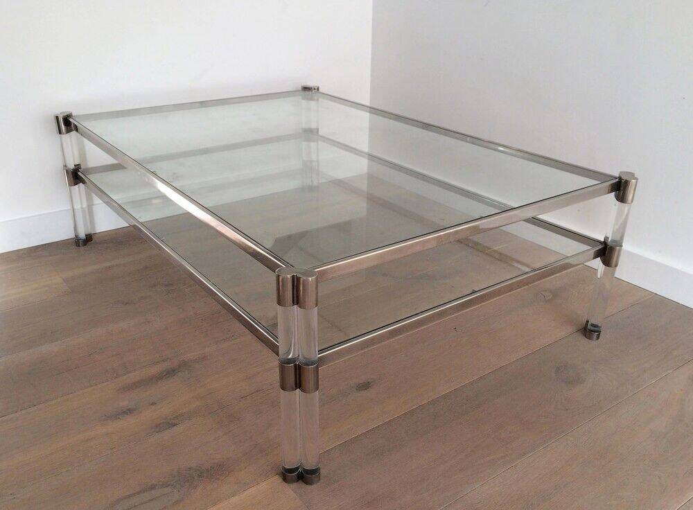 Large coffee table in plexiglass and chrome with a double glass top.
