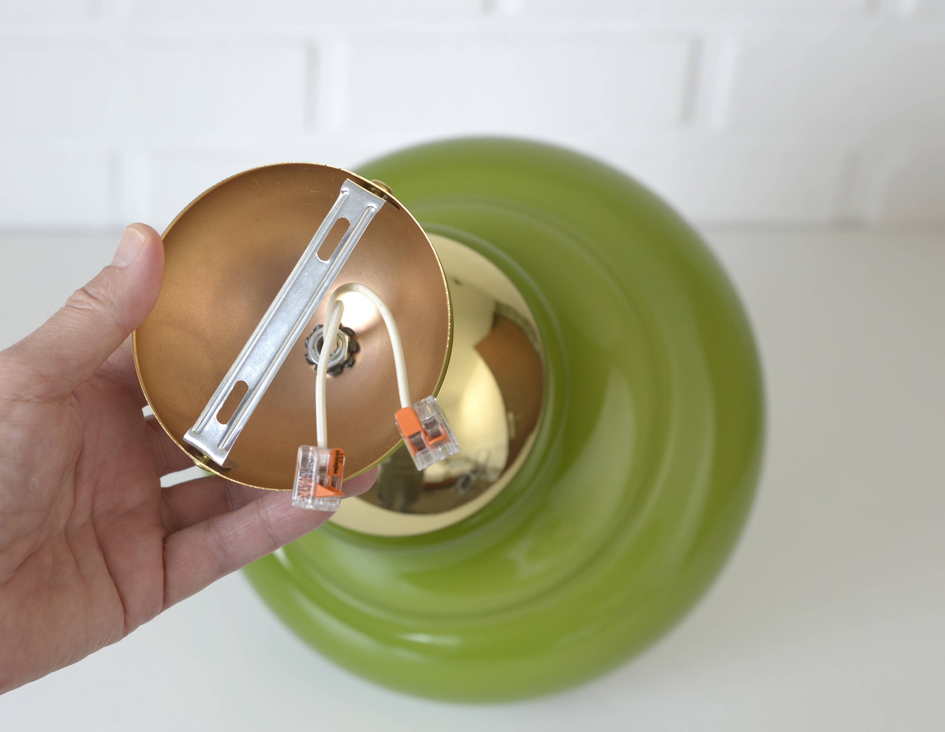 Vintage Avocado Green Glass Pendant Lamp / Yugoslavia 1970's