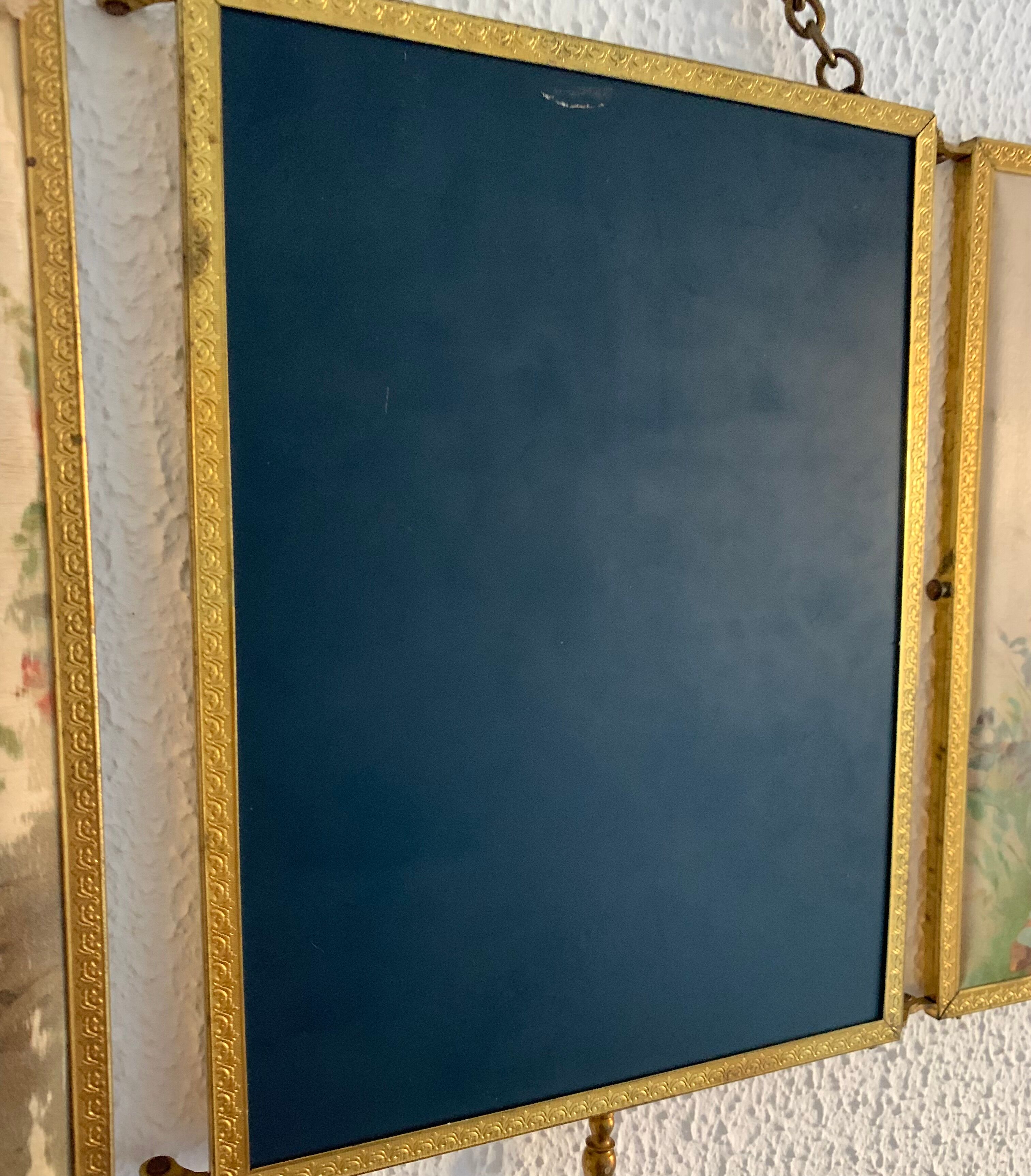 Vintage mirror 1900 triptych barber brass chiseled - 27 x 58 cm