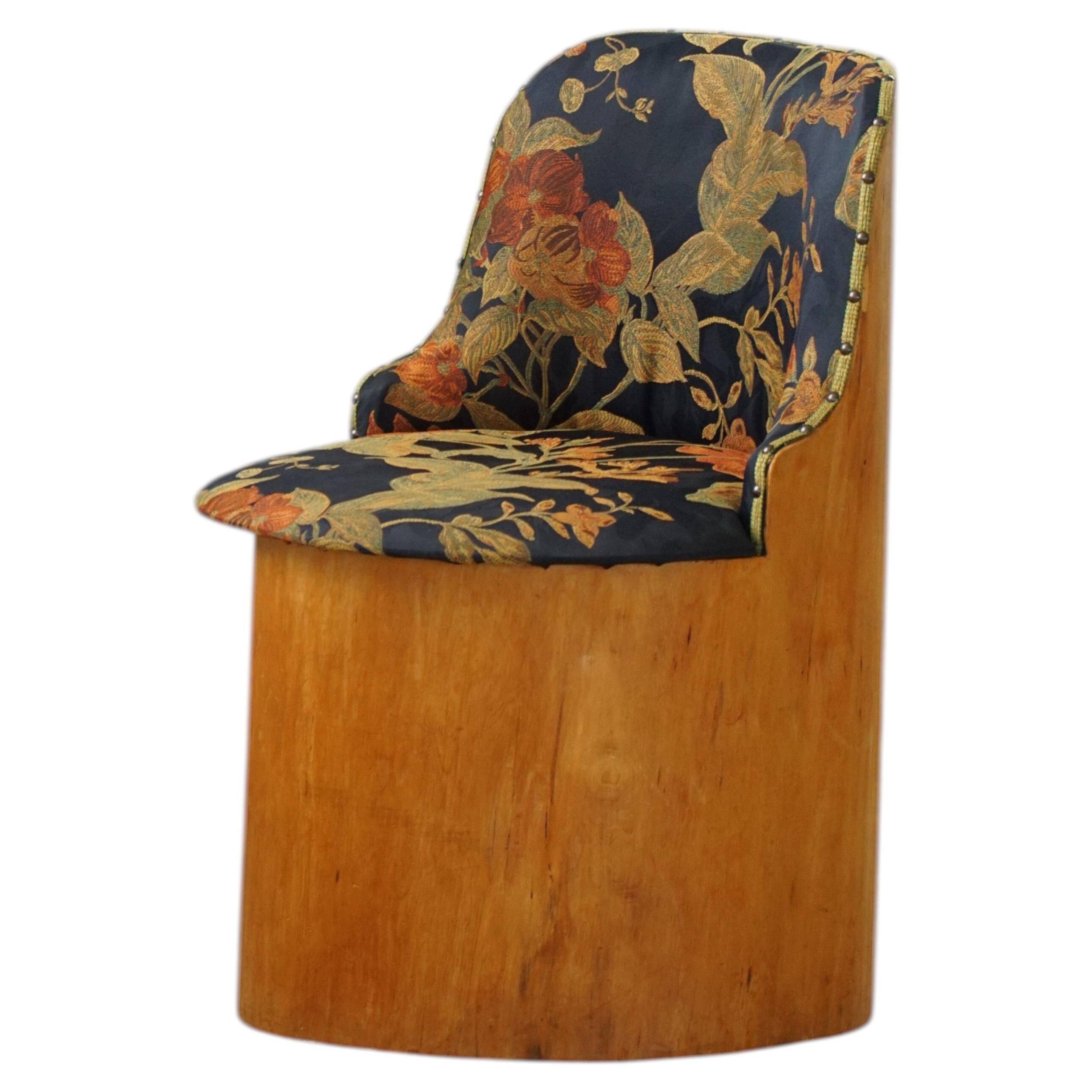 Swedish stump chair / "Kubstol" in pine and floral upholstery, mid-20th century
