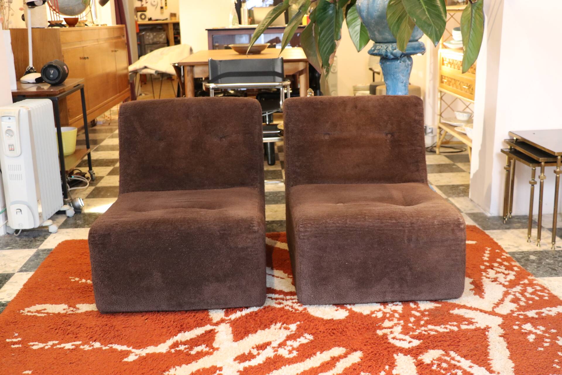 Pair of vintage brown fabric armchairs