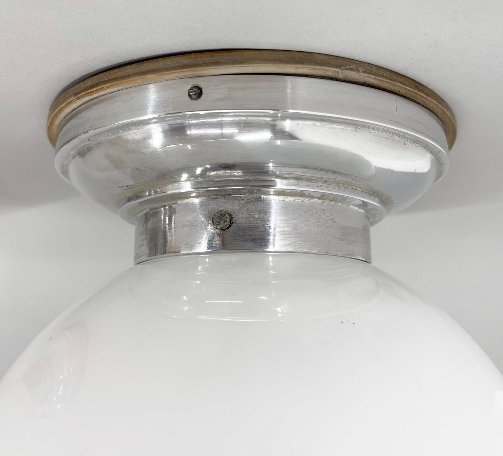 Pair of Mid-Century Chrome & Milk Glass Ceiling Ligts, Restored