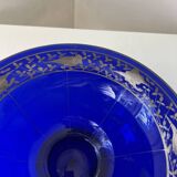 Cobalt blue glass bowl with Art Deco bird decor
