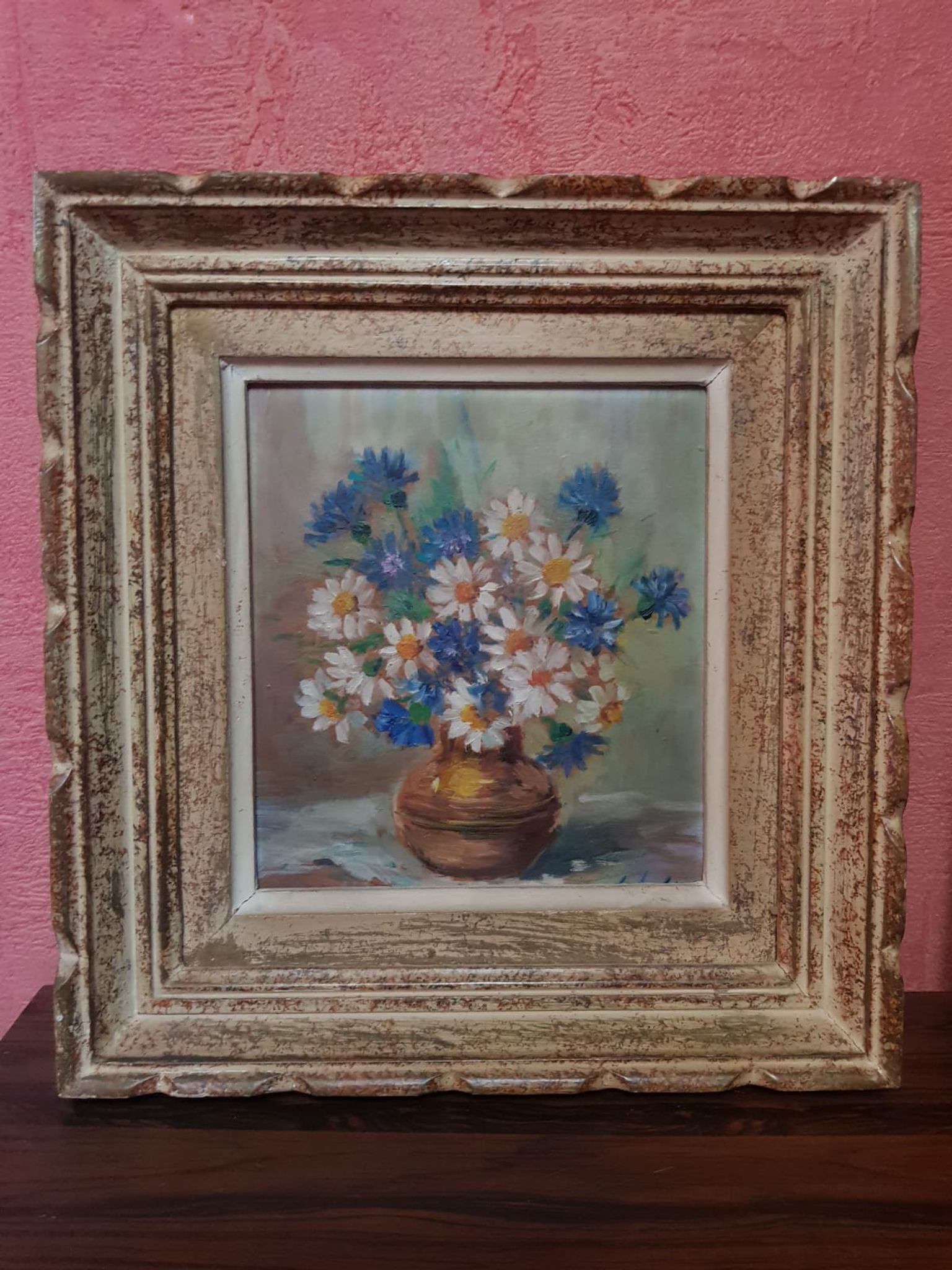 Pair old table c. de fred flower bouquet oil on vintage panel
