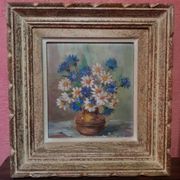 Pair old table c. de fred flower bouquet oil on vintage panel