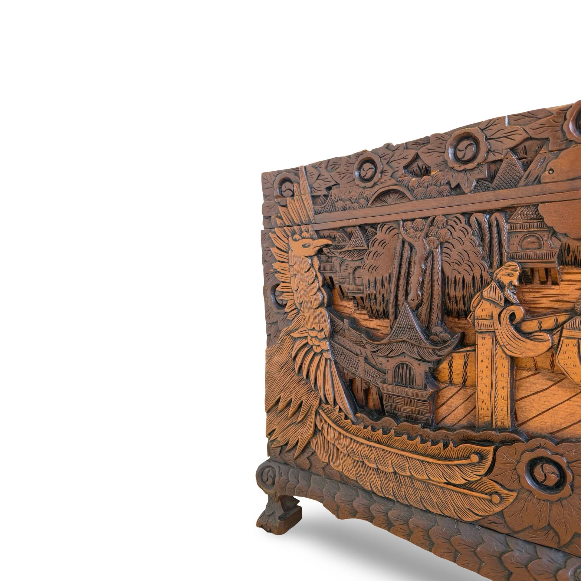 Antique Chinese Carved Export Chest – Dragon, Phoenix & Landscape Deco