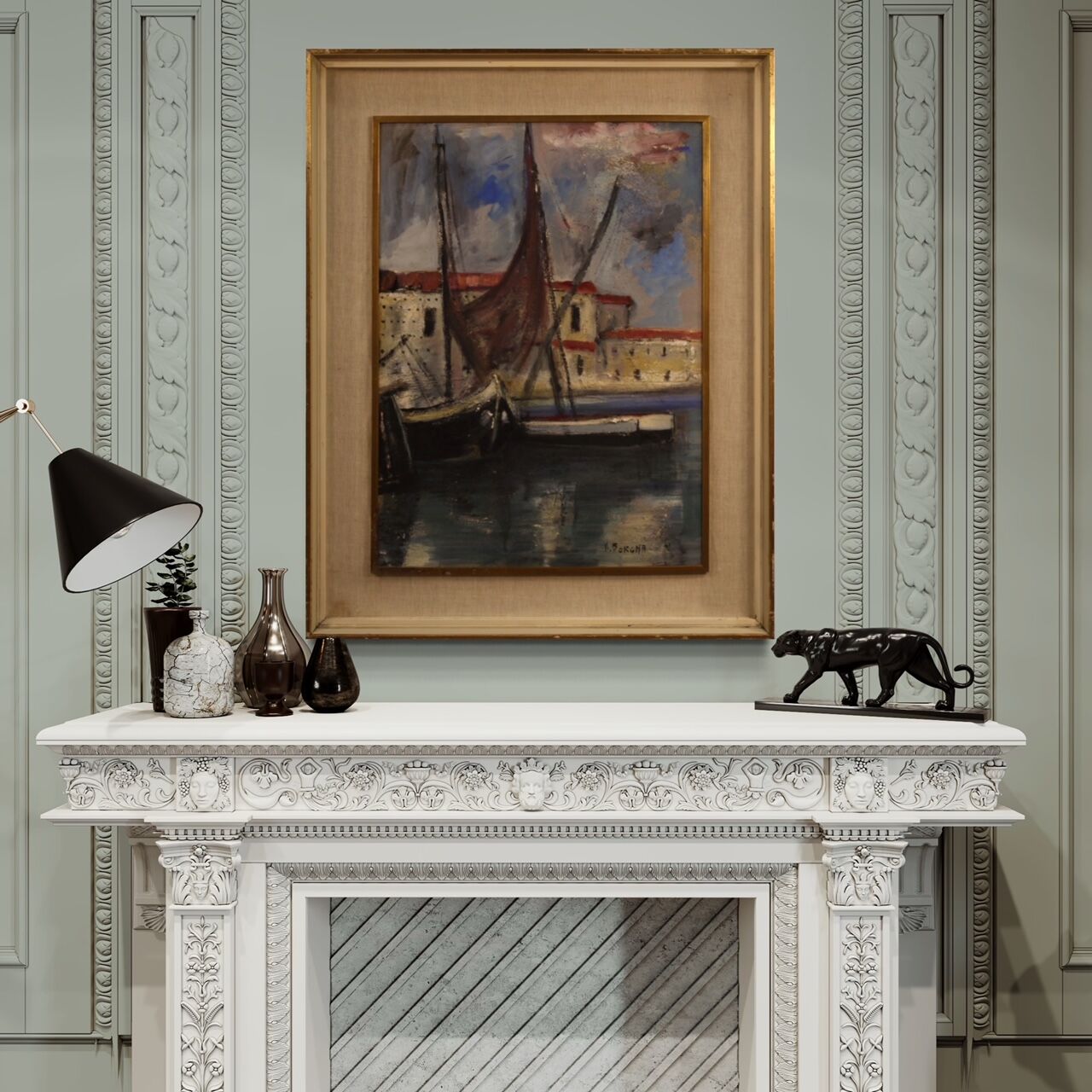 Italian painting signed harbor view with boats from 20th century