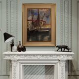 Peinture italienne signée vue sur le port avec des bateaux du 20ème siècle