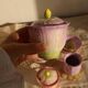 Vintage pink and mauve floral slip tea set - 8 pieces - Cottage core