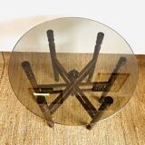 Moroccan hexagonal carved wood side table with glass top