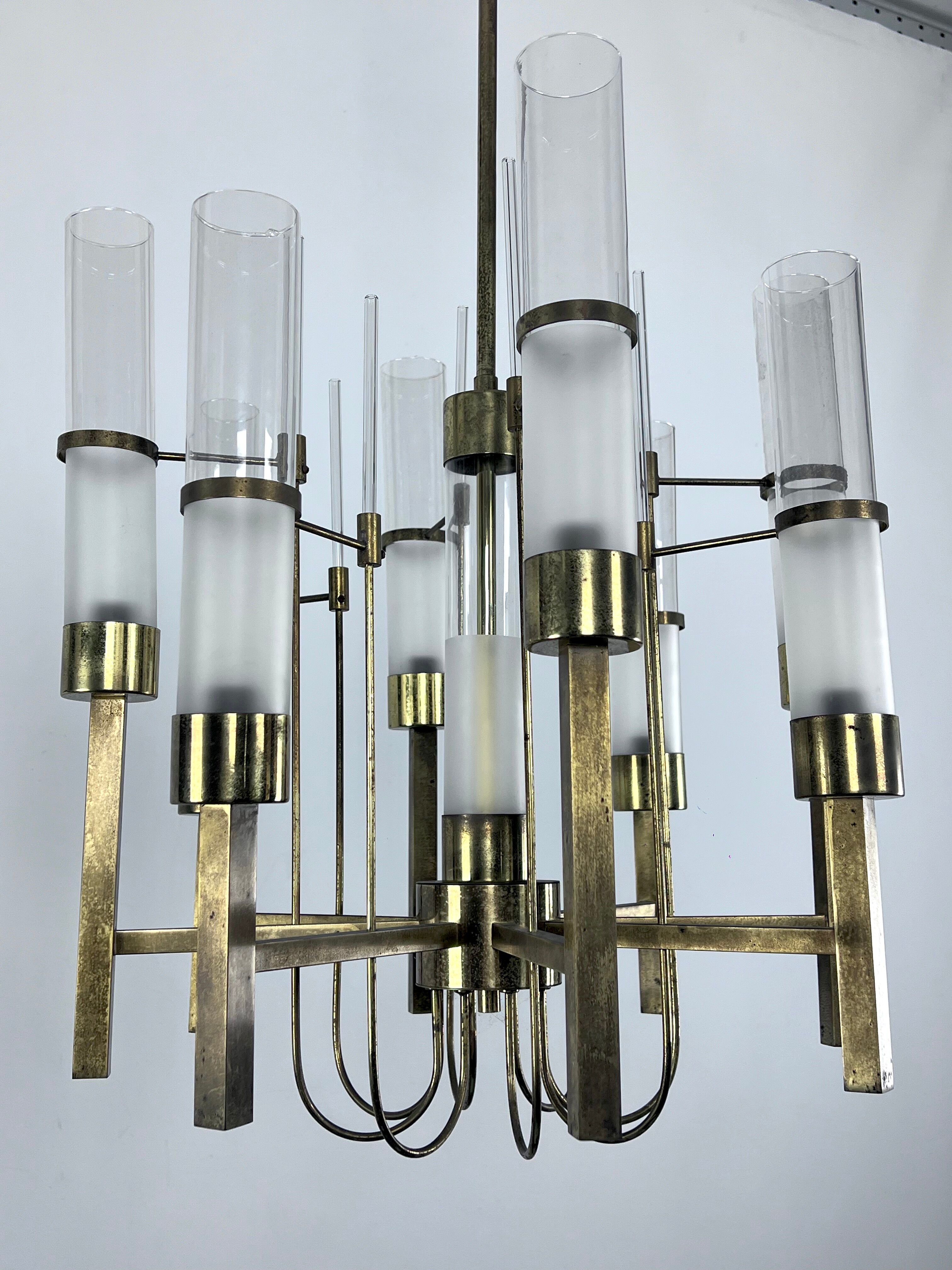 Sciolari, eight arms brass and glass tube chandelier. Italy 1960s
