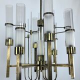 Sciolari, eight arms brass and glass tube chandelier. Italy 1960s