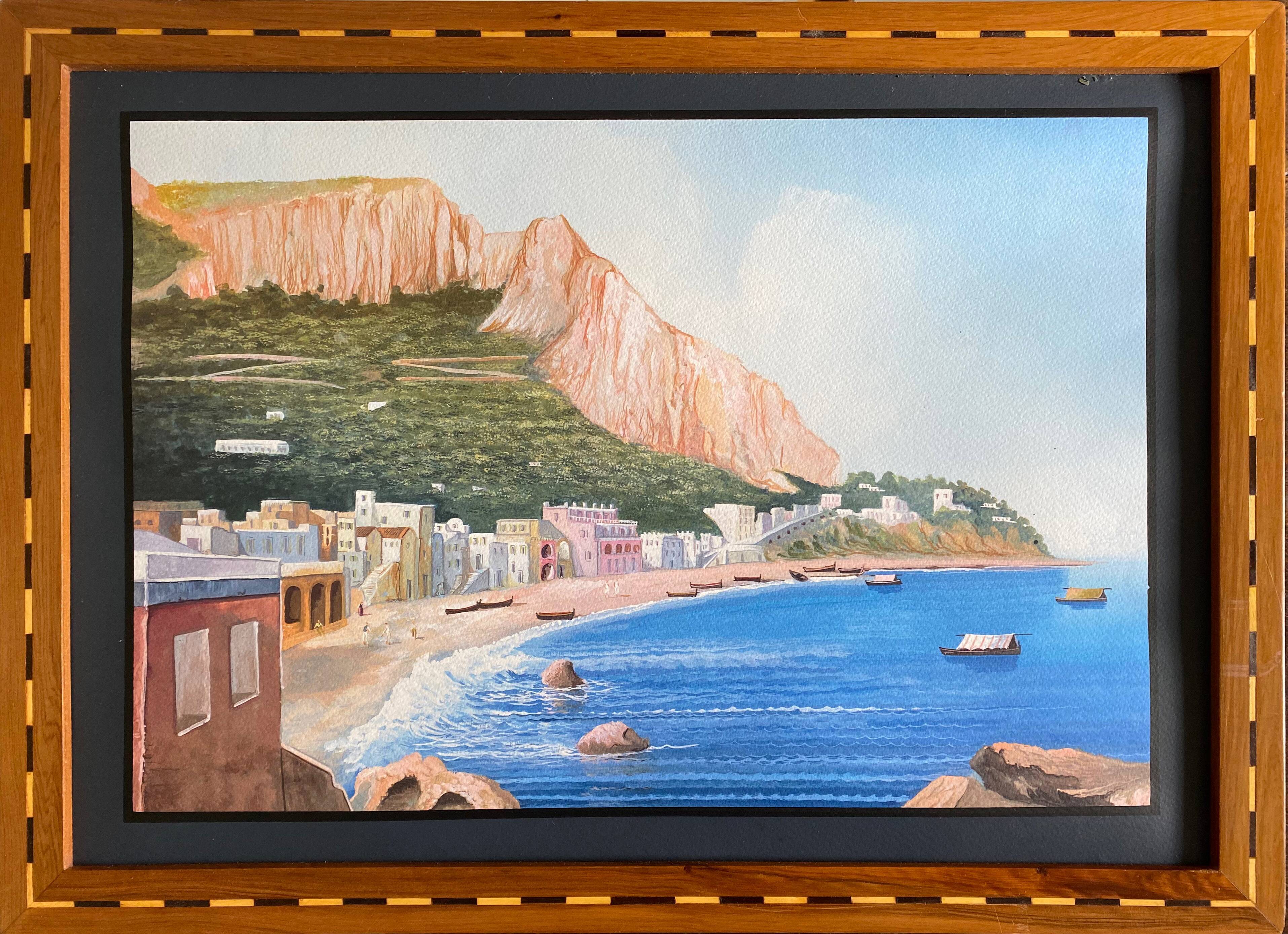 Painting Beautiful Neapolitan Gouache animated Boats (XX°) with inlaid frame