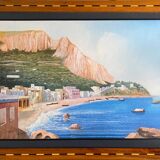 Painting Beautiful Neapolitan Gouache animated Boats (XX°) with inlaid frame