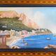 Tableau Belle Gouache Napolitaine animée Barques (XX°) avec cadre marqueté