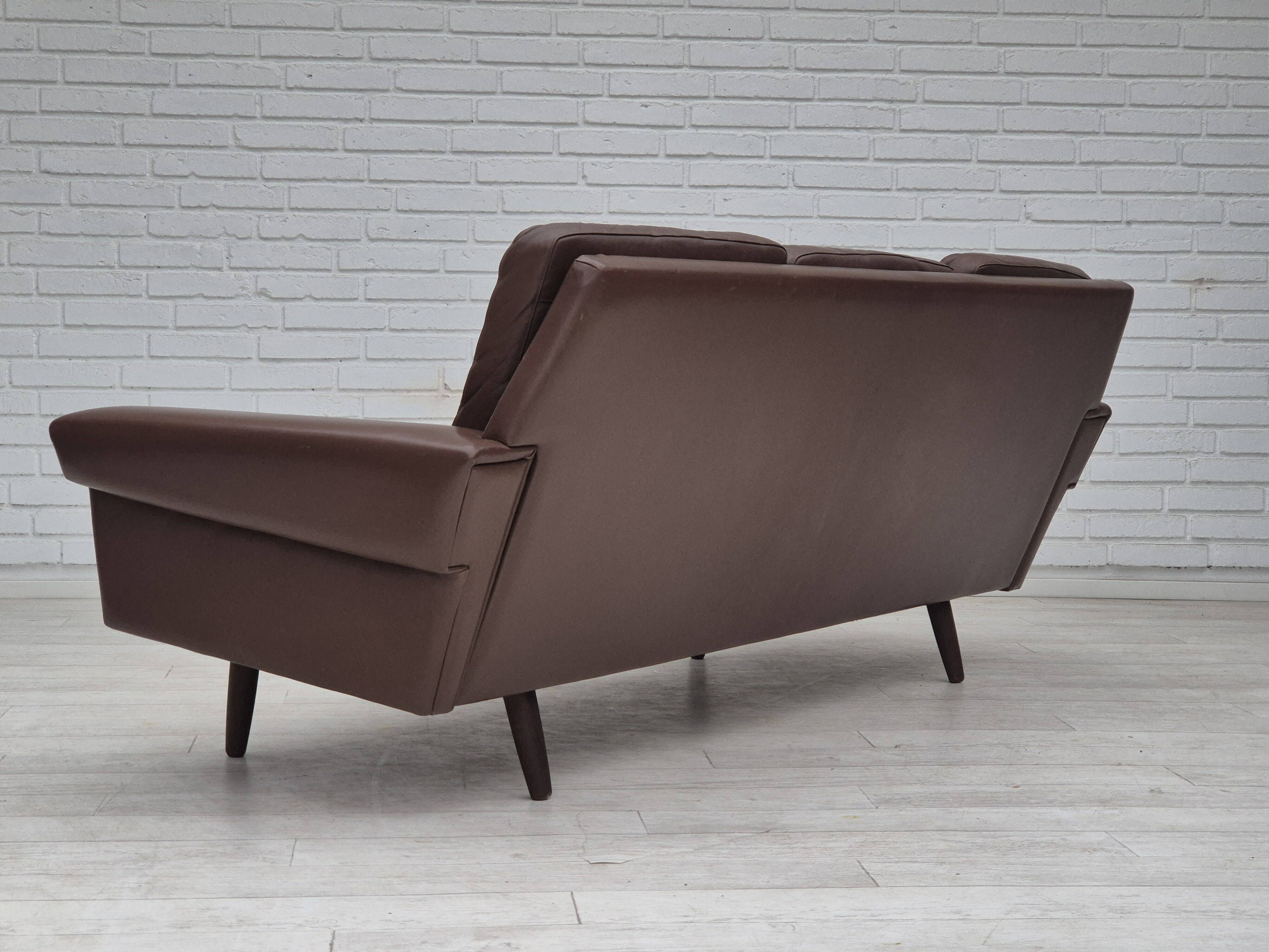 1970s, Danish 3-seater sofa, original brown leather.