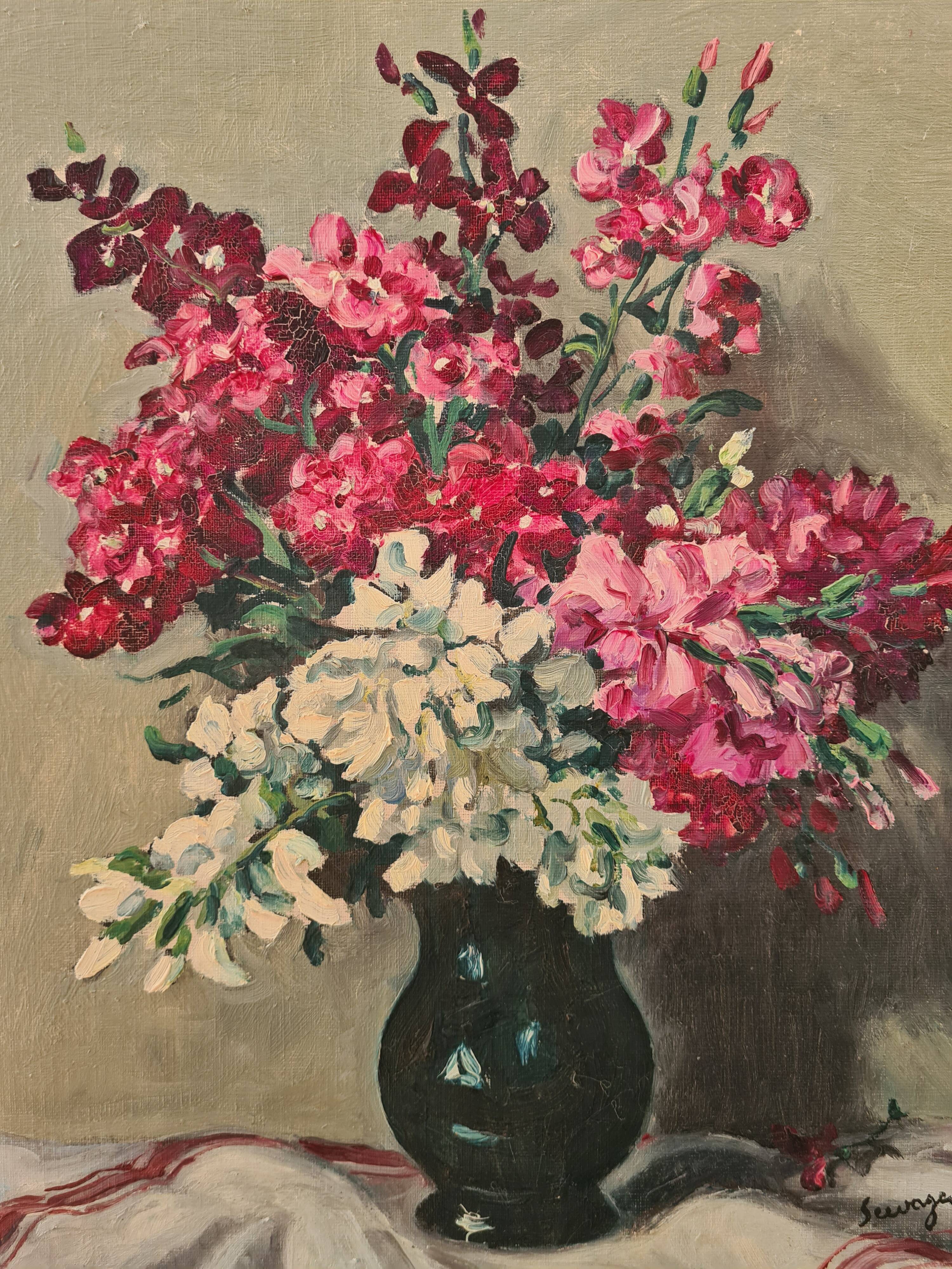 Bouquet in a black vase, oil by Seevagen