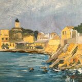 Tableau ancien ville en bord de mer