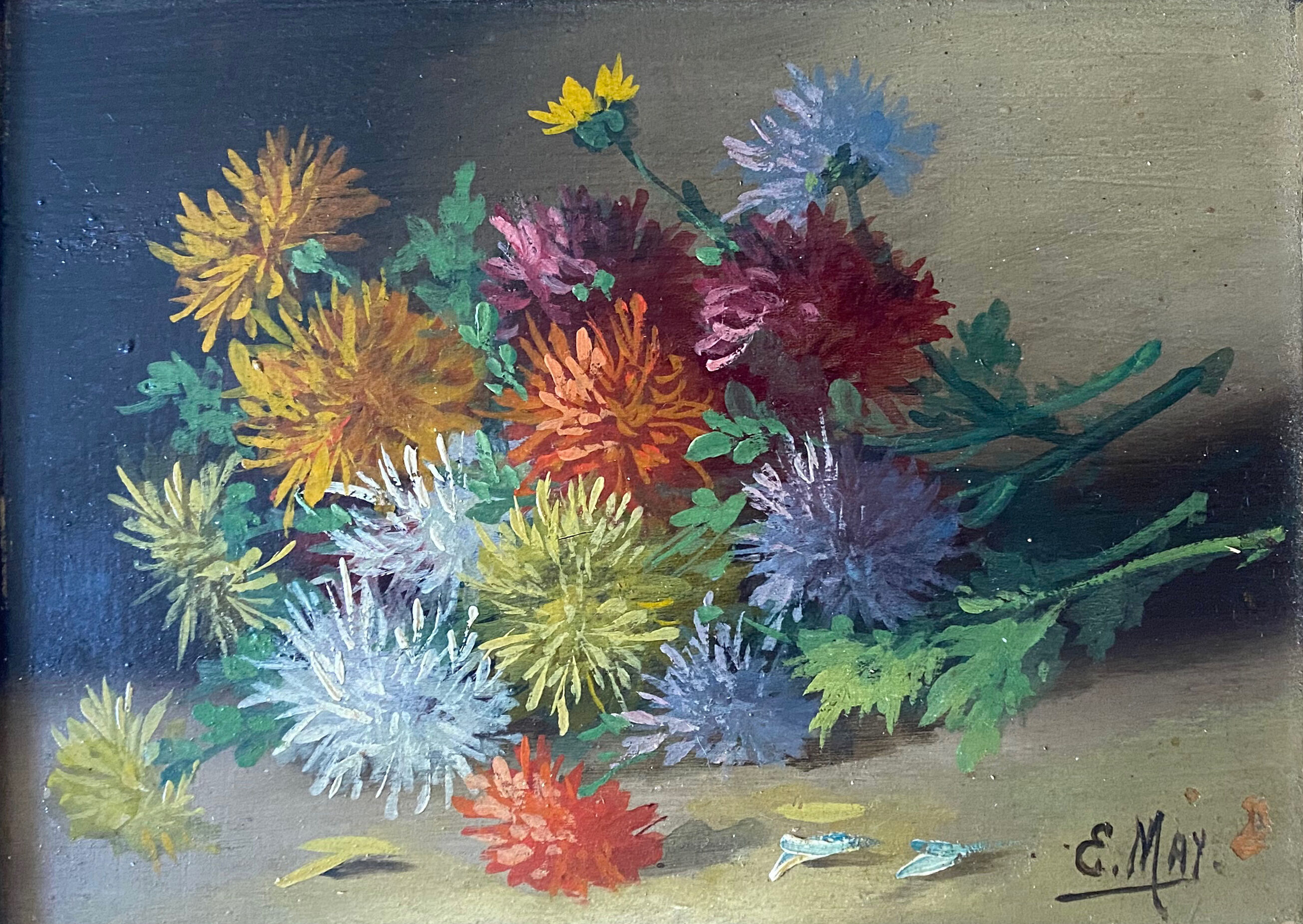 Nineteenth century painting HSP "Jetty of flowers" signed E. May + frame