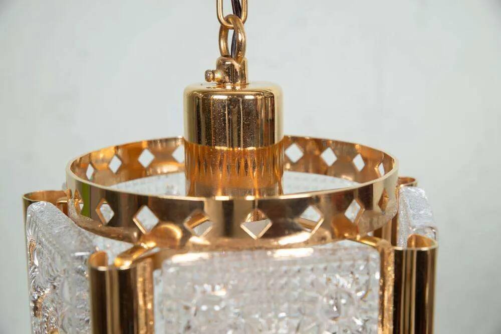 Vintage brass and frosted glass pendant, Vitrika glass pendant.