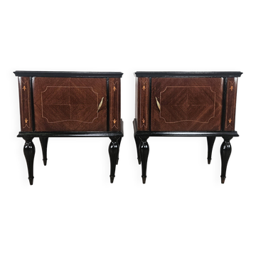 1960s mahogany burl nightstands with glass tops