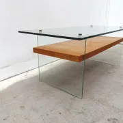 Coffee table by Robert Debiève in ash veneer, glass and brass, France 1950.