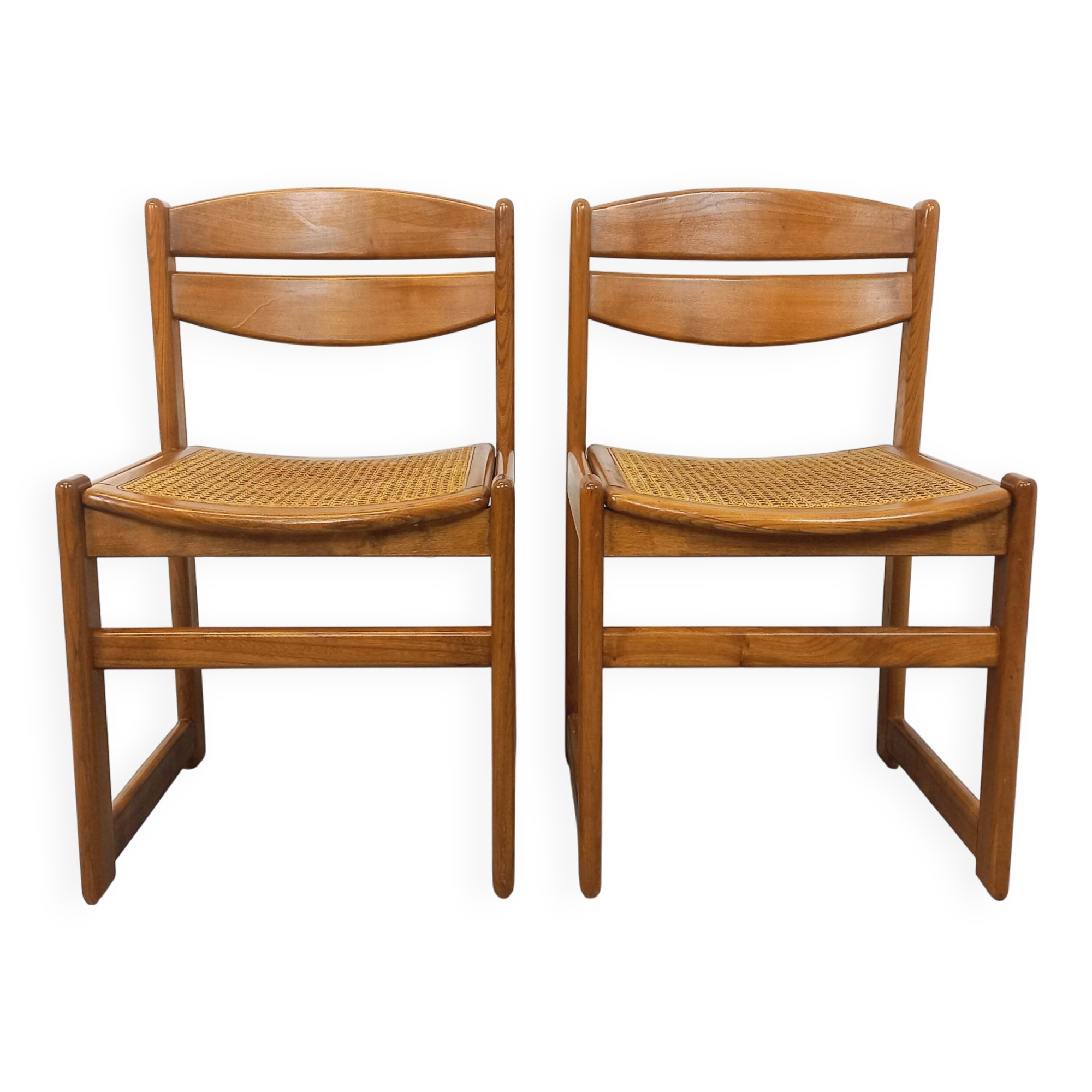 Pair of vintage sleigh chairs in beech wood and cane from the 70s