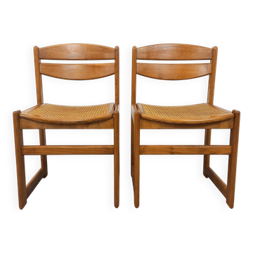 Pair of vintage sleigh chairs in beech wood and cane from the 70s