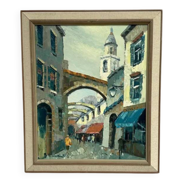 Original Swedish Oil on Canvas –“Market Alley” by B. Komino – Signed – Vintage & Framed –57 × 61 cm